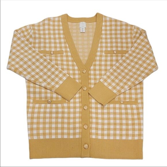 joie L XL Gold White Gingham Boyfriend Cardigan Gold Button Down Pockets - Picture 11 of 11